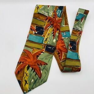 Vintage Ermenegildo Zegna 90s palm print orange blue brown & green silk tie.